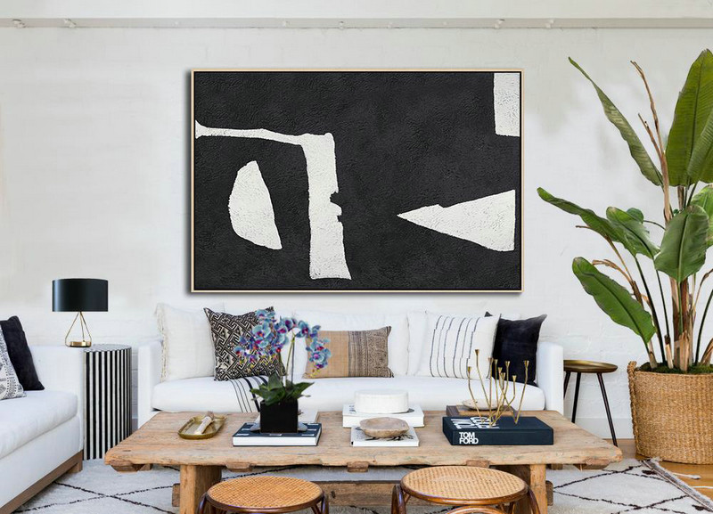 Large Wall Canvas,Hand Painted Oversized Horizontal Minimal Art On Canvas, Black And White Minimalist Painting - Modern Canvas Art
